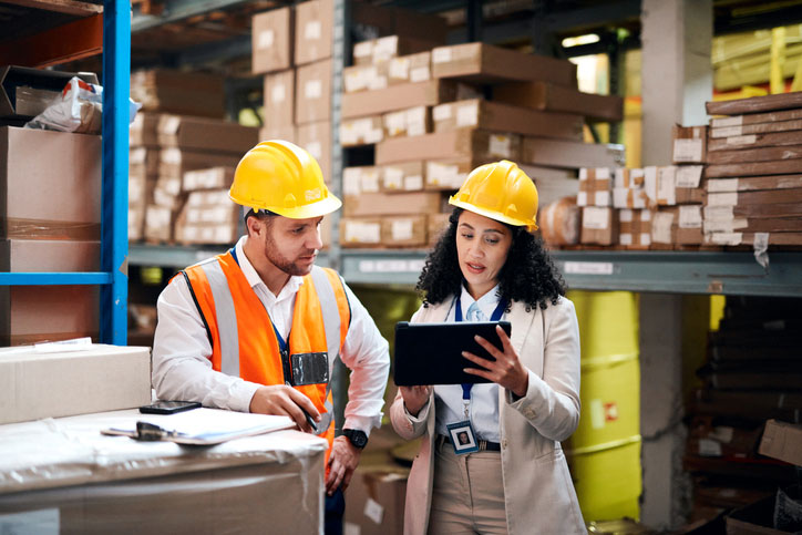 man and woman looking at tablet inside warehouse