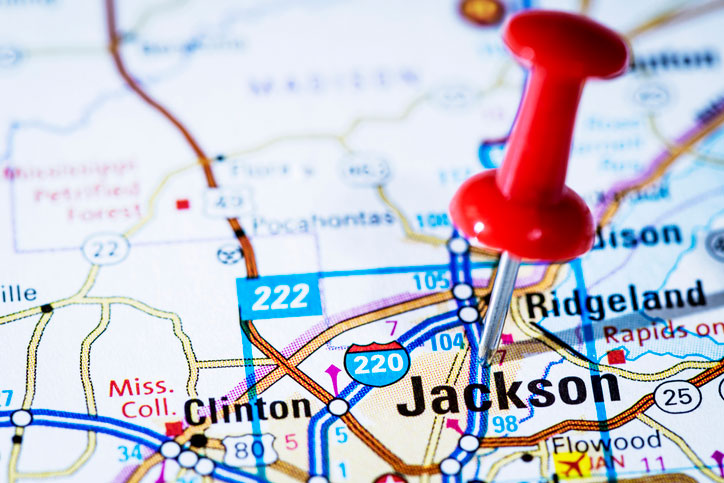 jackson, mississippi on map with pin in it