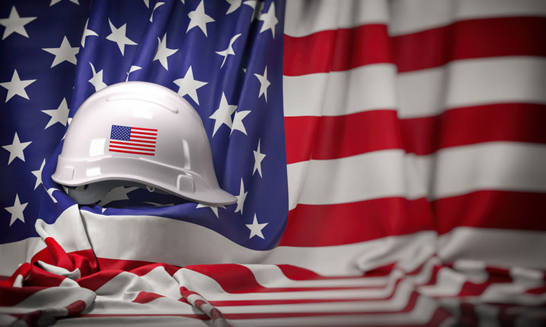 us flag and hard hat