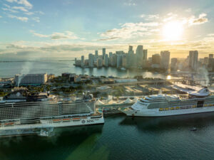 cruise ships at miami port at sunset