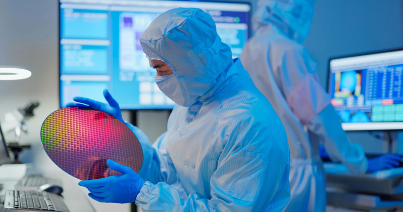 technician holding wafer in clean room